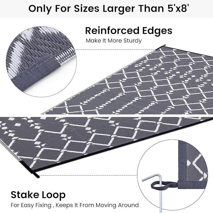 Smiry Outdoor Rug 6x9 ft Waterproof Reversible Boho Mat, Grey | Polypropylene Plastic Straw, Quick Drying, Lightweight Foldable, for Patio, Deck, RV Camping, Backyard and Indoor Outdoor Use