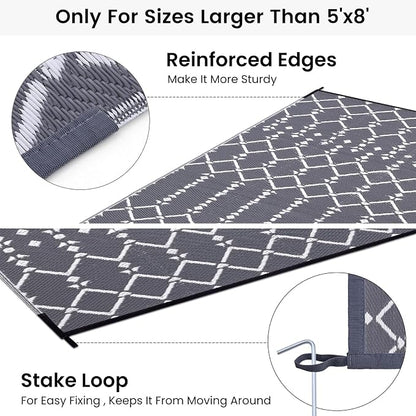 Smiry Outdoor Rug 6x9 ft Waterproof Reversible Boho Mat, Grey | Polypropylene Plastic Straw, Quick Drying, Lightweight Foldable, for Patio, Deck, RV Camping, Backyard and Indoor Outdoor Use