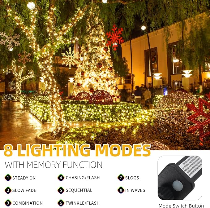 MZD8391 170FT 500 LED Christmas Lights Outdoor Indoor, Christmas Tree Light | Warm White, 100% UL Listed, Waterproof, 8 Light Modes, Timer & Memory, End To End Connect, Christmas String Light Decoration