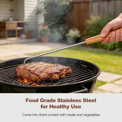 Stainless Steel Pigtail Food Flipper, HaSteeL 17Inch Meat Turner Hook for Right Handed, Grill Accessories Steak Flippers With Wooden Handle for Outdoors Griddle BBQ Grilling Kitchen Cooking, Large