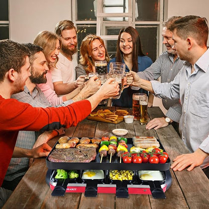 TAMARIT Classic 8 Person Raclette Grill 1500W Electric Tabletop Griddle with Reversible Plate, 8 Non-Stick Cheese Trays and Spatulas Indoor Portable Korean BBQ Barbecue Party Grill Red