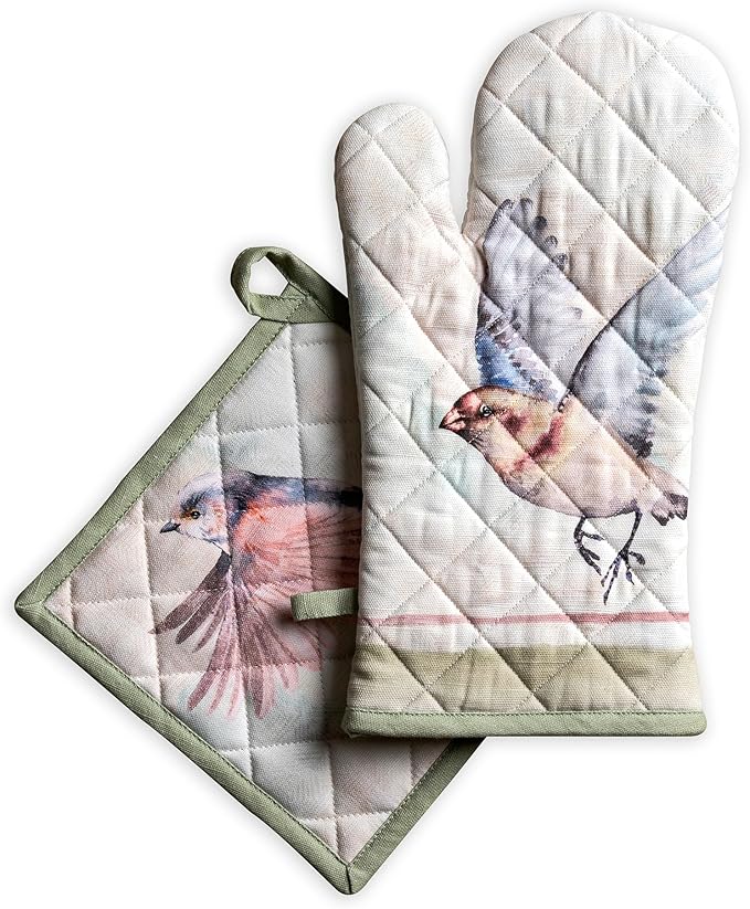 Maison d' Hermine 100% Cotton Oven Mitt & Pot Holder Set (7.5"x13" & 8"x8") Heat Resistant BBQ Cooking Gloves with Loop Baking Grilling Kitchen Hotel Home Farmhouse Spring Summer (Flying Birds)