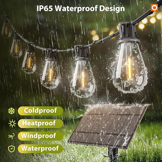 addlon 102FT(96FT+6) Solar String Lights Outdoor, Waterproof, Last 20+ Hrs | 34 Shatterproof LED Bulbs, USB Charging, Dimmable, Timer Remote, Easy Install for Garden, Backyard, Pergola and Party