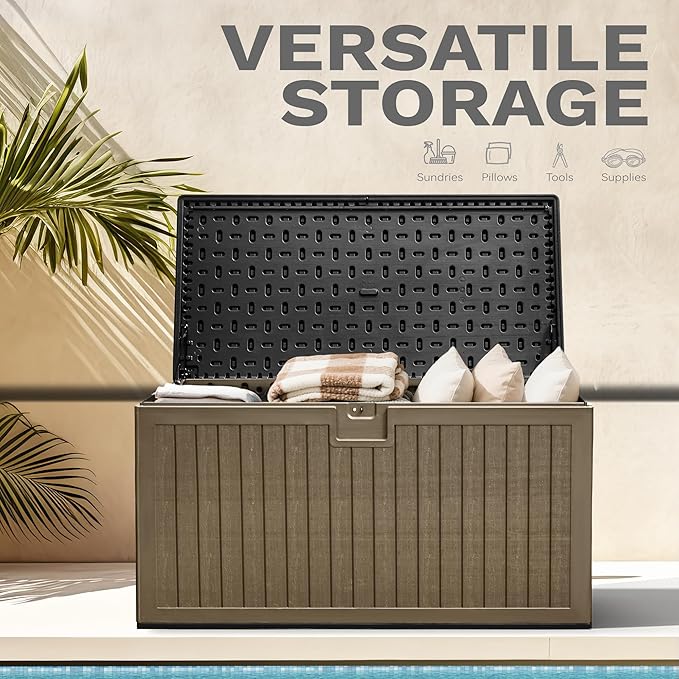 DWVO 260 Gallon Double-Wall Deck Box with Divider, XXL Extra Large Resin Outdoor Storage Box, Lockable & Waterproof, Double as Seating, 1000lbs Capacity (Black&Brown)
