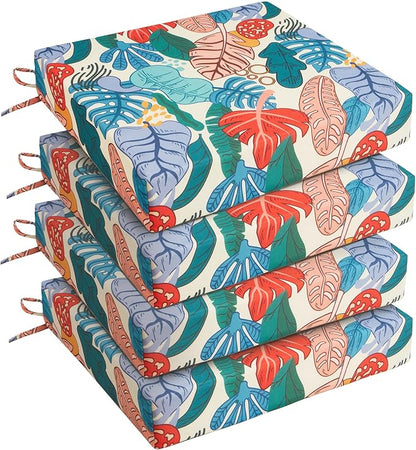 UNIKOME Outdoor Chair Cushions Pack of 4, Water Resistant Patio Cushions with Ties, High Density Sponge Filling Square Corner Seat Cushions for Outdoor Furniture, 19"*19"*3", Palm Tropical