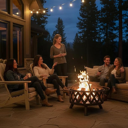 Sunnydaze Crossweave Outdoor Fire Pit - Wood-Burning Fire Pit for Outside with Spark Screen, Poker and Round Cover - 30-Inch - Bronze