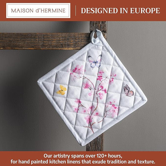 Maison d' Hermine Pot Holders 100% Cotton Heat Resistant Potholders 8" x 8" Hot Pads with Loop BBQ Baking Hotel Farmhouse Kitchen Handling Hot Pans Spring Summer (Pack of 1, Blossoms in Spring)