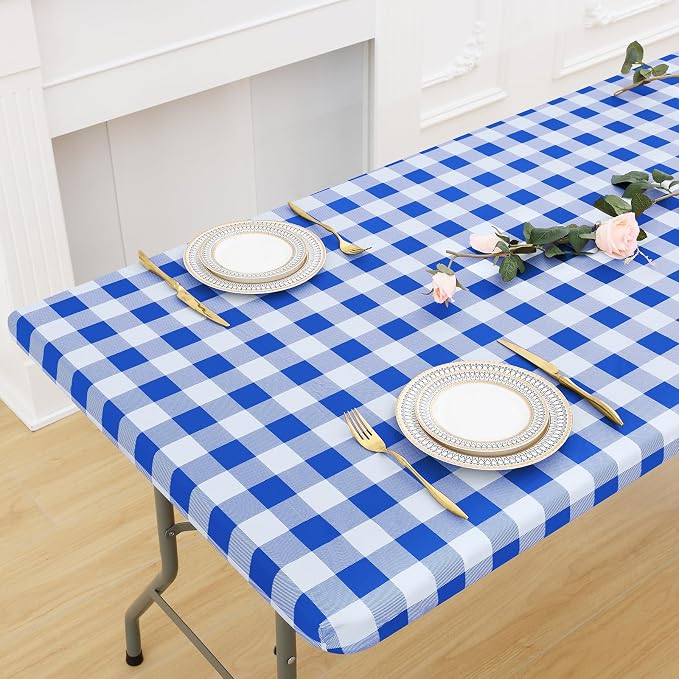 Buffalo Rectangle Picnic Tablecloth, 6 Foot Elastic Fitted Vinyl Table Cloth with Flannel Backing, Waterproof Plaid Table Covers for Dining, Camping, Outdoor (Blue and White, 30" x 72")