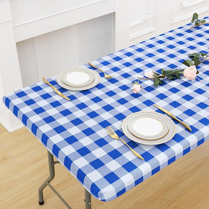 Buffalo Rectangle Picnic Tablecloth, 6 Foot Elastic Fitted Vinyl Table Cloth with Flannel Backing, Waterproof Plaid Table Covers for Dining, Camping, Outdoor (Blue and White, 30" x 72")