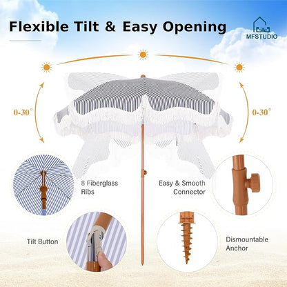 7ft Patio Beach Umbrella with Fringe, Outdoor Umbrella for Poolside, Stripe | MFSTUDIO Tassel Umbrellas UPF50+ with Sand Anchor & Tilt Button, Holiday Outdoor Umbrella with Carry Bag, Ideal for Garden