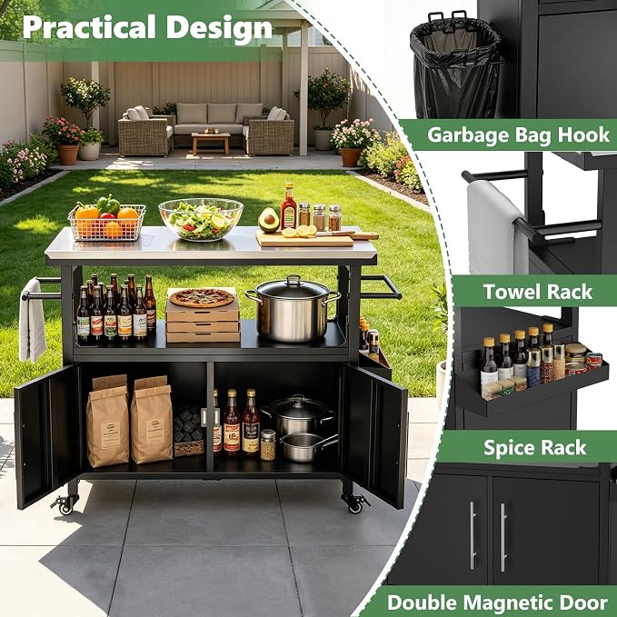 KEIKI Outdoor Grill Cart with Stainless Steel Top, Storage Cabinet & Wheel
