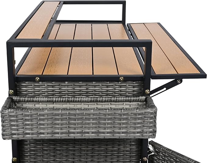 YOPTO 52.8" W Wicker Outdoor Grill Cart with Extended Poly-Wood Table Top - Drop Leaf Design,7 Shelves & Wine Rack,Rolling Kitchen Island on Lockable Wheels,for Patio,Backyard,Poolside & Garden,Grey