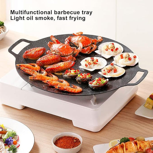 Korean Grill Pan,11.8inch Nonstick Round Griddle Grill Pan for Korean BBQ,Round BBQ Griddle with Handle,Multifunctional Stove Plate for Meats, Pancakes, Ribs