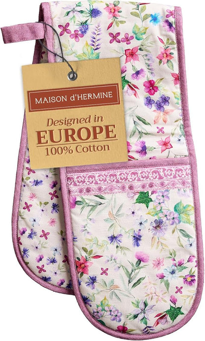 Maison d' Hermine Double Oven Mitts 100% Cotton 7"x35" Double Oven Mitt Heat Resistant BBQ Cooking Gloves with Loop Baking Grilling Kitchen Hotel Home Farmhouse Spring Summer (Chardon)