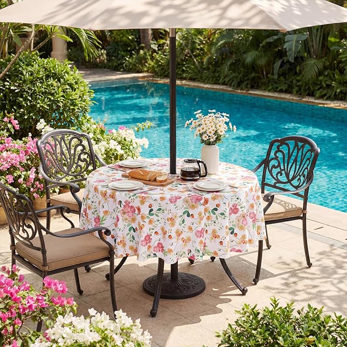 SquarePie 60 inch Round Outdoor Tablecloth with Umbrella Hole - Waterproof SpillProof Patio Zippered Table Cover for Spring Summer Garden Camping Poolside Picnic, Rose Floral