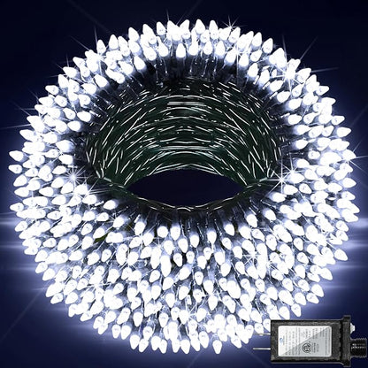 Christmas String Lights Outdoor Green Wire 240FT 750 LED Cool White | Dimmable, 12 Light Styles, Memory Timer, Waterproof, 29V Safe Low Voltage, Diamond-Faceted LED, Energy Efficiency