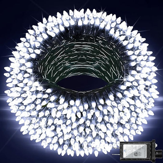 Christmas String Lights Outdoor Green Wire 240FT 750 LED Cool White | Dimmable, 12 Light Styles, Memory Timer, Waterproof, 29V Safe Low Voltage, Diamond-Faceted LED, Energy Efficiency