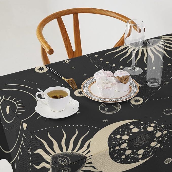 Sun Moon Tablecloth Boho Astrology Mystical Celestial Star Crescent Galaxy Space Table Cloth Water Resistant Wipeable Table Cover for Farmhouse Picnic Party Holiday Kitchen Dinner Table 55"x55"
