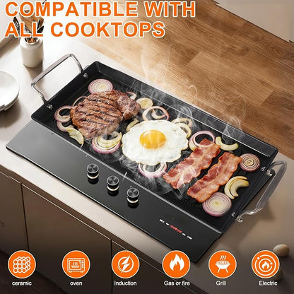 Pre-Seasoned Cast Iron Griddle for Gas Grill, 26.7"x8.6" Ribbed Flat Top Grill Plate for Double Burner, Durable for Gas/Electric/Charcoal Grills, for Stovetop, Camping & BBQ