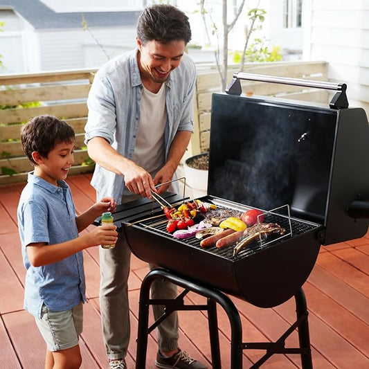 MASTER COOK Barrel Style Charcoal Grill with Side Table, Adjustable Charcoal Tray, Air Vent and Warming Rack, Smoke bbq Grill for Outdoor Patio Backyard and Camping
