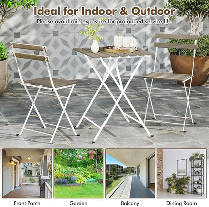 Giantex 3-Piece Acacia Wood Bistro Set, Patio Bistro Table with 2 Folding Chairs, Slatted Seat & Tabletop, Metal Frame, Outdoor Furniture Set for Backyard, Porch, Garden, Poolside (White + Gray)