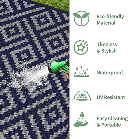 GENIMO Outdoor Rug, Waterproof Plastic Rugs 10'x14' for Camping Blue Grey | Outside Larger Modern Carpet Mat for Patio Decor, RV, Porch, Camper, Deck, Picnic, Beach, Backyard, Reversible, Foldable