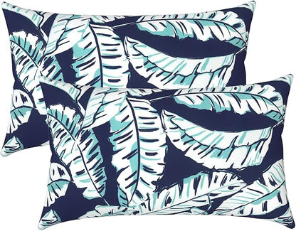 LVTXIII Set of 2 Patio Lumbar Pillows, 12”x20” Fade Resistant Outdoor Lumbar Pillow with Inners, Fluffy Decorative Garden Lumbar Cushions for Home Patio Coach Sofa Use, Baltic Palms White