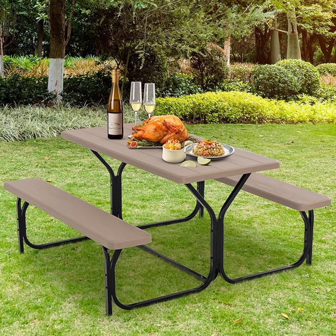 GYMAX Picnic Table, Picnic Bench Easy to Assemble w/All Weather Wood Grain Tabletop & Metal Frame, Picnic Tables for Outdoors Camping Backyard Deck Patio Poolside Dining Party
