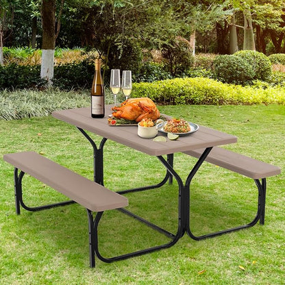 GYMAX Picnic Table, Picnic Bench Easy to Assemble w/All Weather Wood Grain Tabletop & Metal Frame, Picnic Tables for Outdoors Camping Backyard Deck Patio Poolside Dining Party