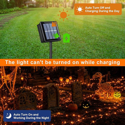 QITONG Solar Halloween Fairy Lights, 2 Pack Each 66ft 200 LED Orange Fairy Lights Outdoor with 8 Modes, Silver Wire Christmas Lights for Fall Thanksgiving Decor