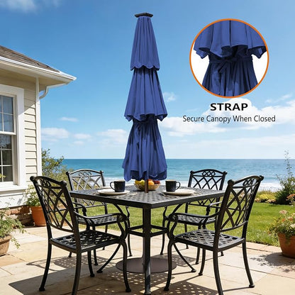 EliteShade USA 10-Year-Non-Fading 10ft 3-Tier Market Patio Umbrella, Commercial Table Umbrella with 80 Solar LED Lights, Crank Open, Windproof & UPF 50+ UV Protection for Garden, Deck, Pool, Backyard, No Tilt, Navy Blue