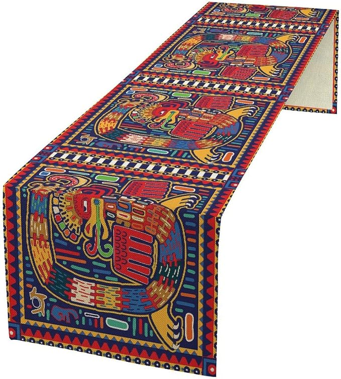Mexican Table Runner,Cotton Linen Non-Slip Dining Table Runners Culture Pattern Colorful Artwork Abstract Snake in Vivid Folk Kitchen Decor 13x36 Inch