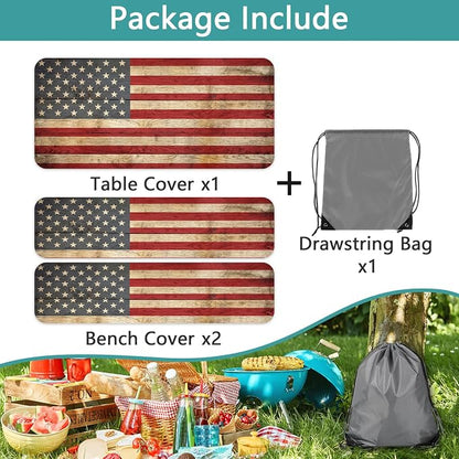 Retro American Flag Picnic Table Cover with Bench Covers Set | Wood Texture Waterproof Elastic Edges Camping Tablecloths Fitted Picnic Table Cover for Outdoor, Camping, 3Pcs 30x96 Inch