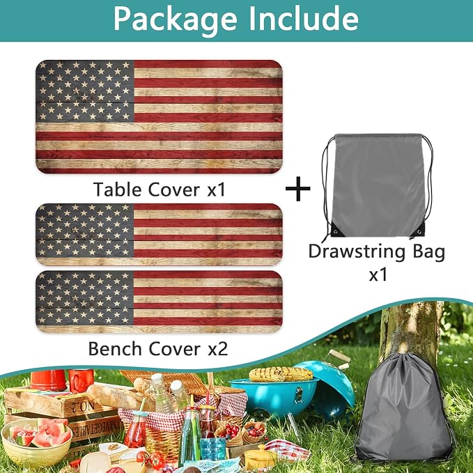 Retro American Flag Picnic Table Cover with Bench Covers Set | Wood Texture Waterproof Elastic Edges Camping Tablecloths Fitted Picnic Table Cover for Outdoor, Camping, 3Pcs 30x60 Inch