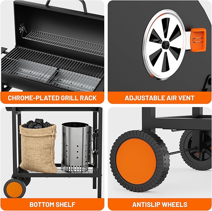 KEYO GRILL 29-Inch Barrel Charcoal Grill, Heavy duty BBQ Grill with Manual Rotisserie Meat Fork, Detachable Windproof Ash Collector Barbecue Smoker Grill Combo for Backyard, Patio and Parties ﻿