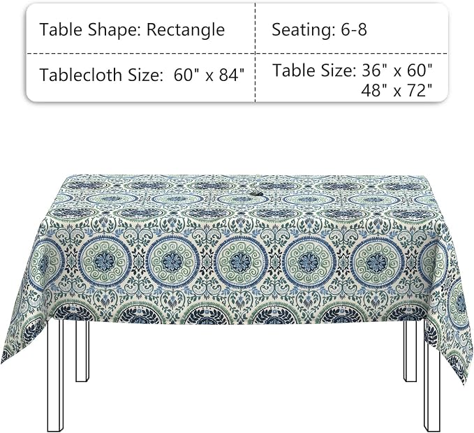 LVTXIII Rectangle Outdoor Tablecloth with Umbrella Hole and Zipper, Water-Repellent 60 x 84 Inch Patio Table Cover for Picnic, Garden, Backyard Dining, Coastal Medallion
