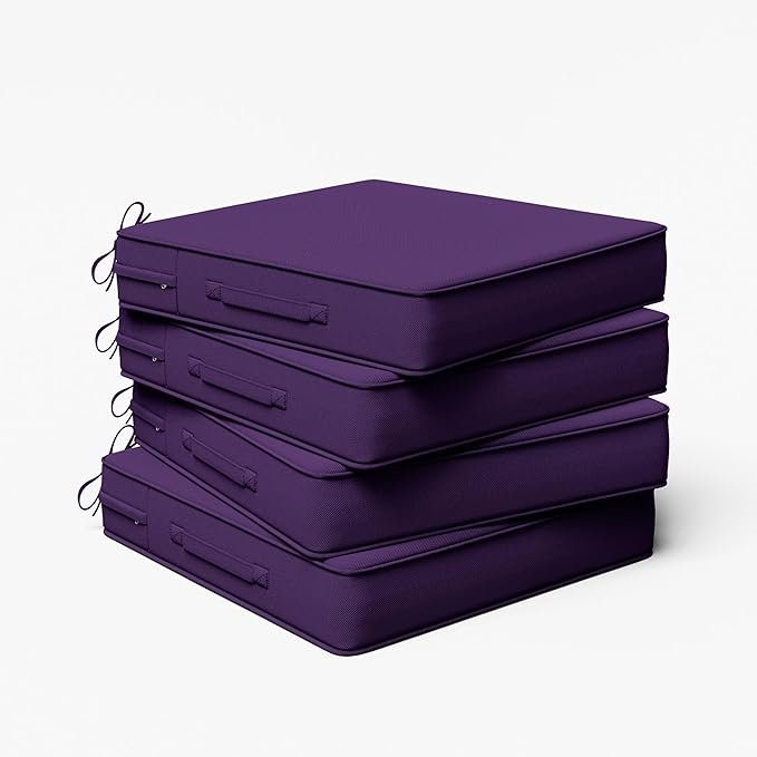 Outdoor Chair Cushion 22 x 22 x 4 Inches Patio Furniture Outdoor Waterproof Seat Cushion, Patio Chair Cushion with Handles and Ties, Square Dining Chair Cushion Set of 4, Purple