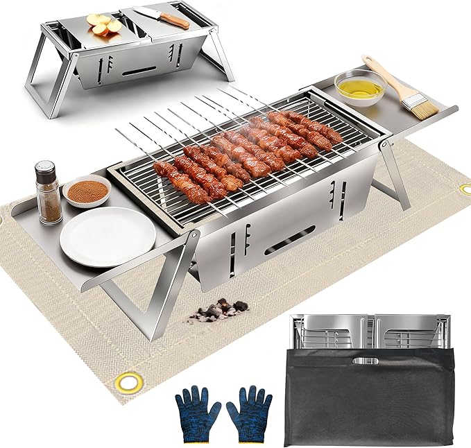 Small Portable Charcoal BBQ Grill, Made of Stainless Steel,Foldable and 2-Second Setup, Includes Fireproof Mat and Gloves, Mini Barbecue Hibachi Grill for 3-4 People Camping,Hiking and Picnic
