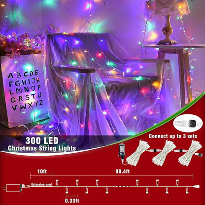 100ft Christmas Lights Outdoor Waterproof, 300 LED String Lights for Bedroom Clear Wire with 8 Modes, Plug in Twinkle Fairy String Light for Indoor Outdoor Home Party Garden Decorations, Multicolor
