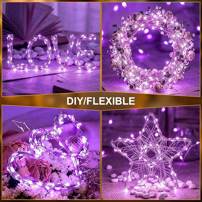 Solar String Lights 2 Pack Total 66FT 200LED Solar Fairy Lights Outdoor Waterproof 8 Lighting Modes Twinkle Lights for Patio, Garden Yard Party Wedding Tree Christmas Halloween Decoration, Purple