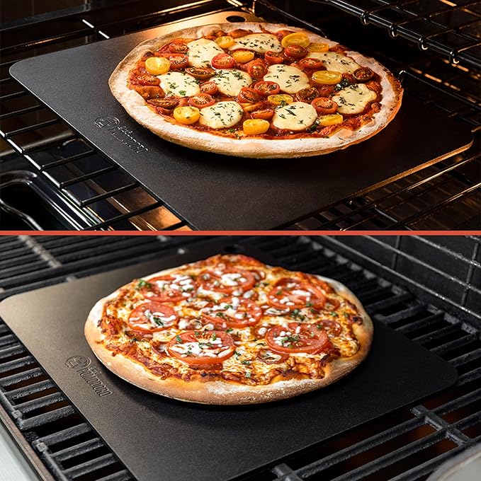 Chef Pomodoro 16 Inch Pizza Steel for Oven, Seasoned Baking Steel for Oven | Steel Pizza Stone Bakes Crispy Pizza & Sourdough Bread, Pre-Seasoned Metal Pizza Stone, Finger Hole for Easy Lifting and Use