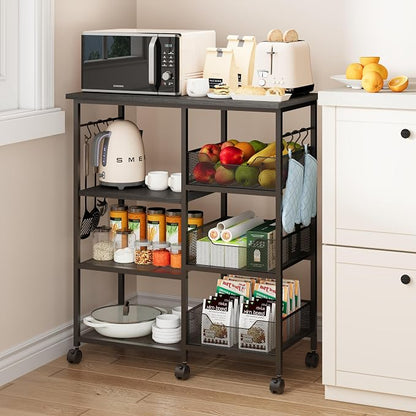 SWTYMIKI Kitchen Island Cart on Wheels - 28.35x14.57in Rolling Kitchen Table Cart with Storage Shelves, 6 Removable Hooks& Locking Casters, Coffee Bar Cabinet for Dining Room Pantry Office, Black
