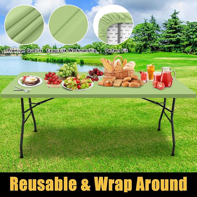 Smiry Rectangle Picnic Table Cloth, Waterproof Elastic Fitted Tablecloths for 4 Foot Tables, Washable Polyester Table Cover for Camping, Indoor and Outdoor (Sage Green, 24"x48")