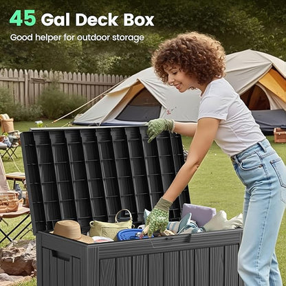 45 Gallon Outdoor Storage Box, Waterproof Resin Deck Box with Side Handles, Lockable Outdoor Bench for Indoor & Outdoor Use, Storage Bin for Patio Cushions, Garden Tools, Black