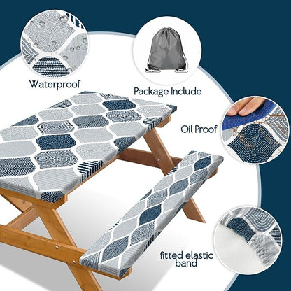 JAWO Blue and Grey Picnic Table Cover with Bench Covers, Modern Camping RV Essentials Gear Supplies Outdoor Waterproof Windproof Tablecloth with Elastic, 72X72inch