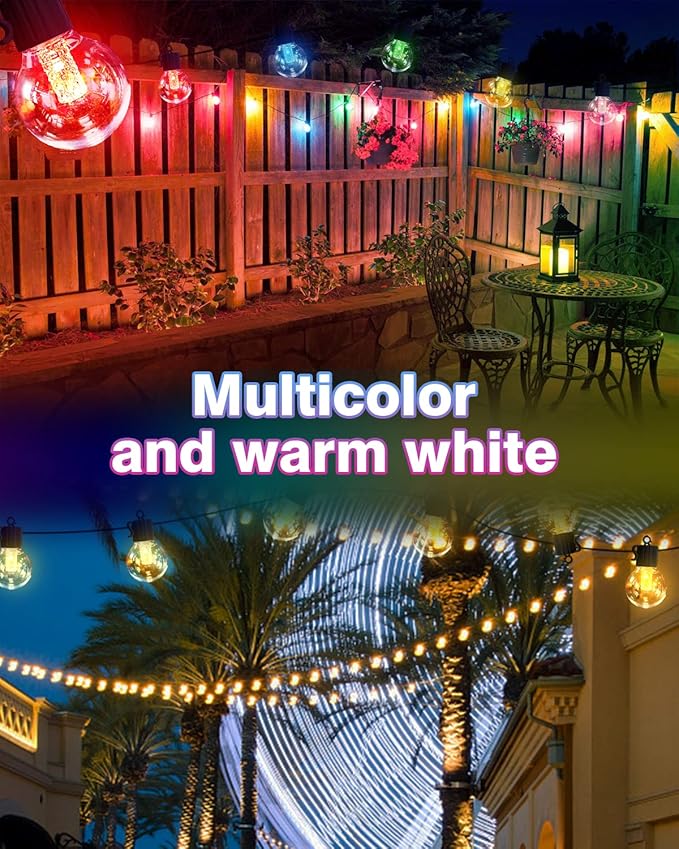FREECUBE 50 FT Solar String Lights Outdoor Waterproof, 25LEDs G40 Globe Shatterproof Bulbs,Warm White & Multicolor,8 Modes,Timer, Solar Powered Patio Lights for Backyard, Porch, Garden, Wedding Decor