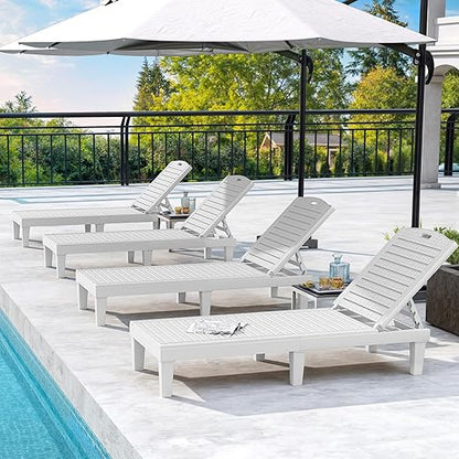 DWVO Outdoor Plastic Chaise Lounger, Poolside Lounge Chair w/5-Position Adjustable Backrest, Waterproof & Easy Setup for Patio, Poolside, Garden (Grayish-White, 2 PCS)