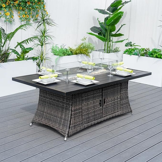 Brown Rattan and Aluminium Patio and Outdoor Rectangle Firepit Dining Table