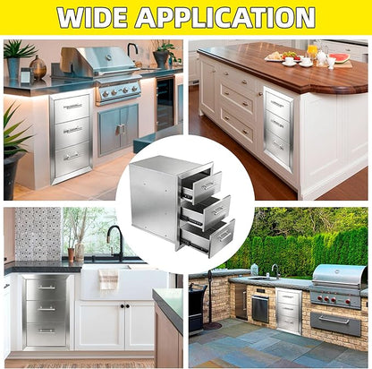 Outdoor Kitchen Drawers 15" W x 25" H x 18.7" D Stainless Steel Flush Mount Modular Cabinet, with Chrome Handle for Outdoor Kitchens or BBQ Island Patio Grill Station