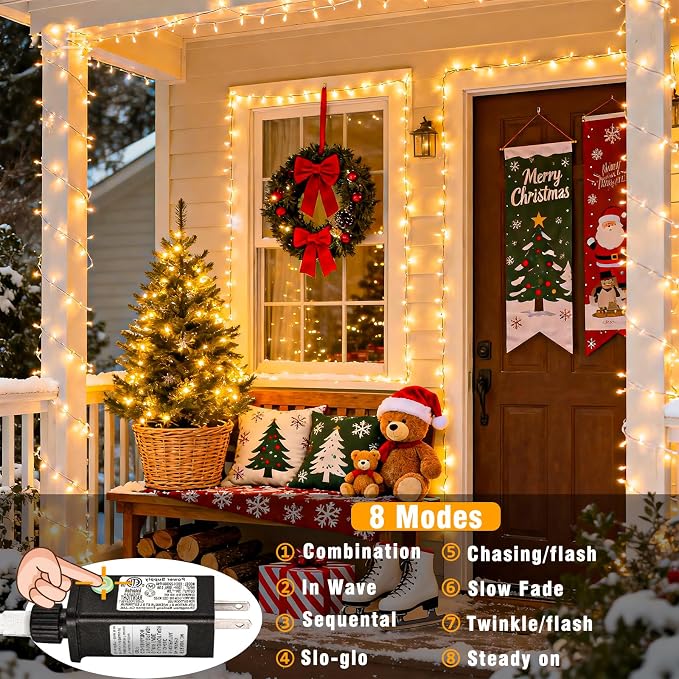 100ft String Lights Indoor 300 LED Christmas Lights Outdoor Connectable Twinkle Fairy Lights Plug in Clear Wire for Outside Wedding Bedroom Garden Tree Decorations, Warm White